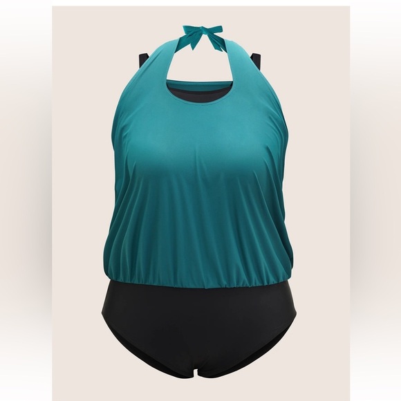 BloomChic Plus Size Contrast Halter Bowknot Patchwork One Piece Swimsuit - Picture 5 of 7